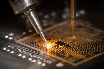 Poster - Close up view of a laser etching process on a circuit board, showcasing precision work in a laboratory setting during daylight hours
