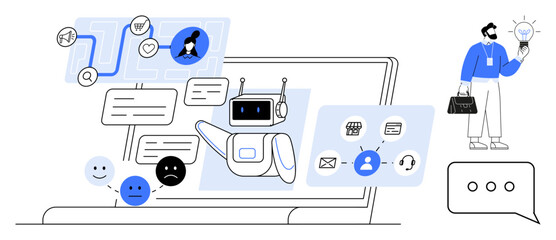 Poster - Robot chatbot interacting via dialogue boxes on laptop, workflow steps, emotions, and user icons. Ideal for automation, AI communication, customer service, digital tools, business solutions