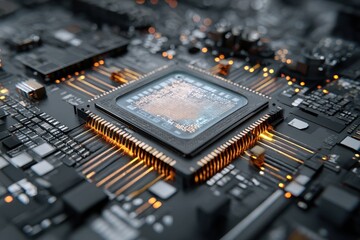 Poster - Exploration of a high resolution microprocessor and circuit board with glowing connections demonstrating advanced technology in modern electronics