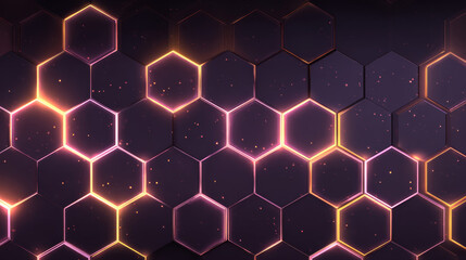 Poster - Dark hexagon abstract technology background with violet and peach colored bright flashes under hexagon. Hexagonal gaming vector abstract tech background.