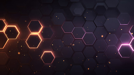 Poster - Dark hexagon abstract technology background with violet and peach colored bright flashes under hexagon. Hexagonal gaming vector abstract tech background.
