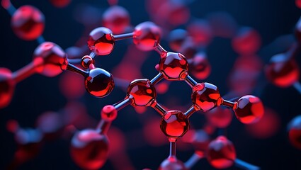 Abstract molecular structure with glowing red atoms and blue bonds on dark background