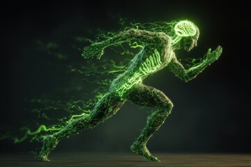 Poster - Man in motion with a glowing human brain and skeletal body representation depicting dynamic movement and energy during a dynamic run in a dark environment