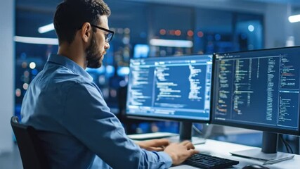 Man working on computer with code