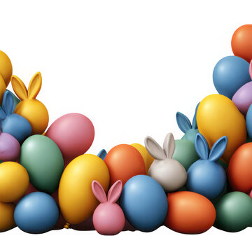 Colorful easter eggs and bunny decorations isolated on transparent background