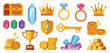 © Md - Collection of game assets including treasure chest gems crowns rings shield key trophy coins and gold bars
