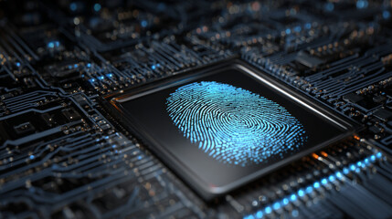 Poster - Fingerprint scanning on circuit board. secure system concept with a fingerprint. Cyber security technology concept abstract background futuristic Hi-tech style. Vector and Illustration. 