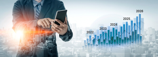 Poster - Business bar chart and line graph showing yearly business growth from 2022 to new year 2026, represent data analytics, future 2026 planning, business 2026 trend, and performance analysis 2026 Vouch