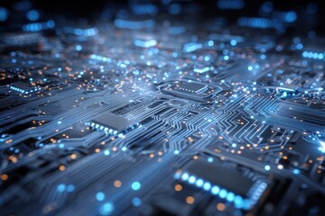 Poster - Abstract high tech circuit board design featuring intricate connections and luminous elements for modern technology visualization