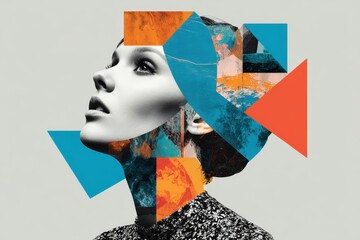 Poster - Abstract modern art collage portrait showcasing a creative blend of geometric shapes with a serene profile against a minimal background at an indoor art space