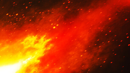 Poster - Dynamic, intense and powerful fire flames in red-orange tones with sparks on a dark background that captivates viewers.