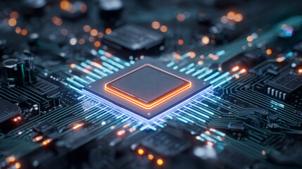 Fototapete - Futuristic circuit board technology background with brightly glowing AI chip in the center. CPU processor with artificial intelligence icon consists of light neon pixels. Vector illustration. Tech bg.