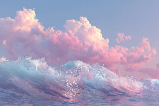 Computer generated image depicting a beautiful wave of water with soft pastel colors and fluffy clouds at sunset over the ocean, creating a serene and calming atmosphere