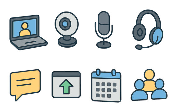 Online conference icon set. simple meeting, laptop, webcam, microphone, chat vector icons.