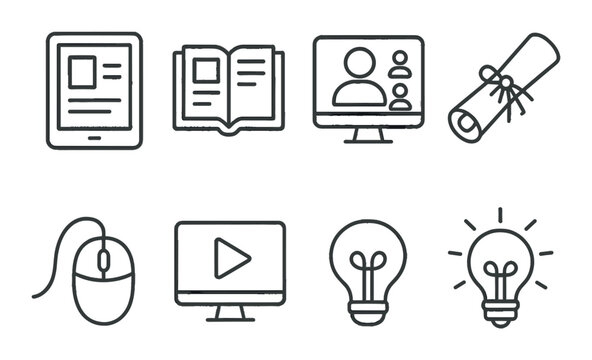 Back to school icon set. simple linear education symbols: book, computer, diploma, lightbulb vector icons.