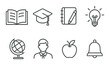 © Igor - Education icon set. minimalist school silhouette. book, cap, notebook, bulb vector icons.