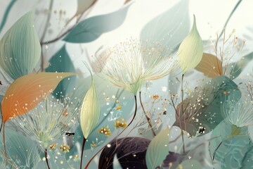 Poster - Delicate artistic illustration of botanical elements featuring soft colors and intricate designs set in a serene and tranquil environment
