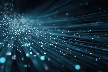 Poster - Digital technology showcases the rapid flow of blue and green light particles in a futuristic abstract representation of connectivity and speed