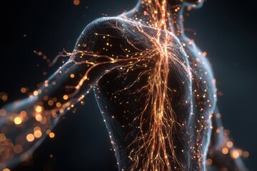 Poster - Human body illuminated with glowing neuron visualization showcasing interconnectivity in a dynamic and vibrant way
