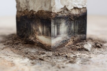 Poster - Exploration of artistic decay showcasing a foundation block with intricate detailing and a sense of time lost in a forgotten space