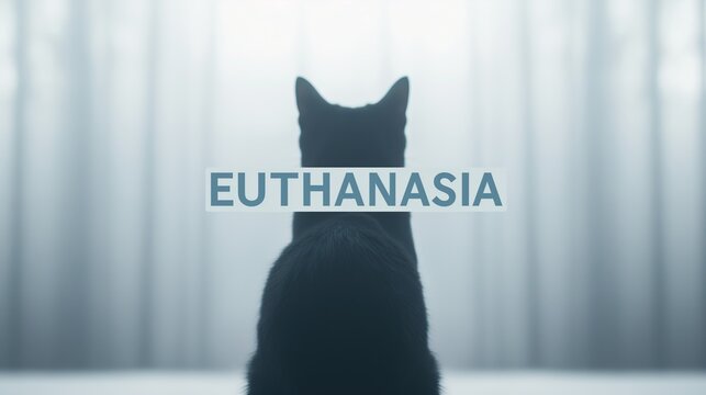 A back view of black cat is sitting on the ground in front of a white background and text 