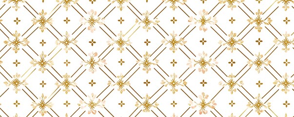 Poster - Minimalist background. Golden geometric seamless pattern with tiny floral shapes and small crosses. Simple abstract minimal texture in gold and white colors. Modern luxury design.