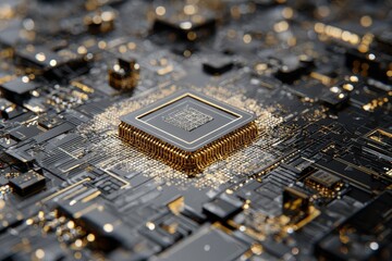 Poster - Quantum chip embedded in complex circuit board illustrating advancements in quantum computing technologies and their future impact on various industries