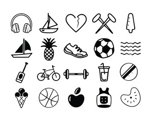 Fototapete - Comprehensive lifestyle icon set featuring a diverse range of symbols representing various aspects of modern living including technology food travel health and recreation designed for