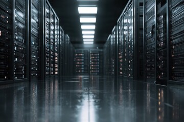 Poster - Data server center architecture showcasing rows of servers and equipment in a high-tech environment with modern lighting and sleek design