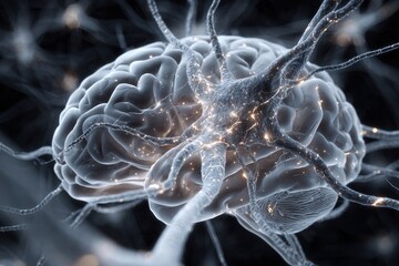 Poster - Exploring the intricate structure of a computer generated human brain showcasing neural connections and activity in a dark environment