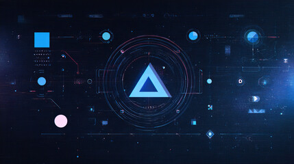 Fototapete - Virtual 3d element with circles, hexagons, triangles, lines, squares, rectangles. Modern logo in cyberpunk style. Futuristic IT badges for banner. Technology hi-tech design in the Vector illustration.