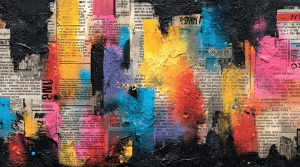 Poster - Vibrant colors of blue, yellow, pink, and purple splash across a textured black background, blending seamlessly with vintage newspaper clippings creating a lively artistic expression.