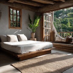 Poster - Natural light fills eco friendly bedroom with wooden bed, woven rug, indoor plant, and open balcony, creating peaceful tropical retreat