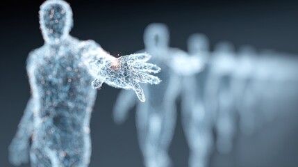 Poster - A series of translucent human-like figures emerge in a modern space, their hands extended as if inviting interaction, showcasing concepts of digital artistry and technology.