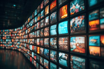 Poster - Visual representation of multiple television screens displaying diverse media content in a dynamic arrangement at a modern exhibition