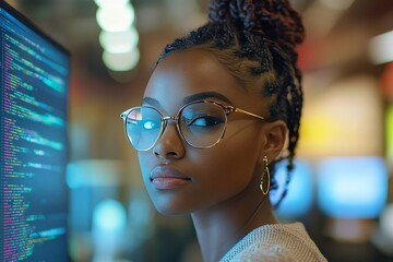 a young woman with glasses in front of a monitor screen
