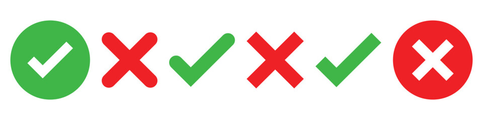 Poster - Green check mark, red cross mark icon set. Vector illustration.