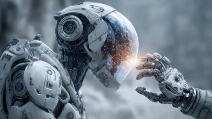 Poster - A humanoid robot reaches out to touch another robotic hand, with a luminous, cosmic display within its transparent helmet, set in a futuristic landscape.