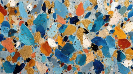 Poster - An intricate design combines various shades of blue, orange, and gold in a chaotic yet harmonious arrangement. The dynamic pattern showcases splashes and textures, evoking creativity and energy.