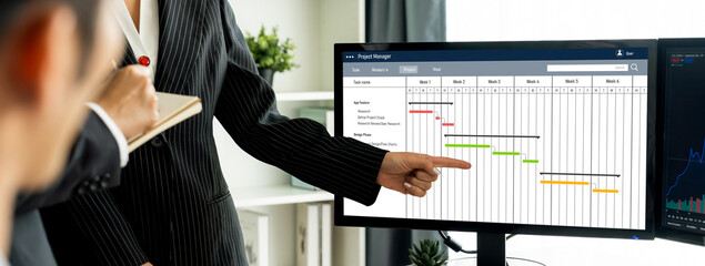 Fototapete - Project planning software for brisk business project management on the computer screen showing timeline chart of the team project