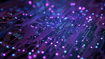 Fototapete - Digital circuit board in neon light. PCB background. Computer board. Motherboard with holes. Background with digital circuit board. Blue-violet PCB. Wallpaper with computer spare part. 