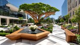 Urban plaza with central tree high resolution photo