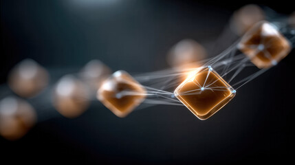 Aufkleber - Abstract brown cubes connected by glowing lines, futuristic network, digital technology, 3D render, dark background, innovation concept