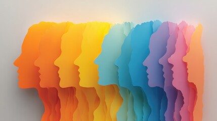Poster - A vibrant arrangement of layered paper silhouettes showcases profiles in shades of orange, yellow, blue, and pink. This artistic display captivates with its colors and depth.