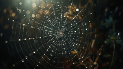 Intricate Spiderweb Adorned with Sparkling Dew Drops, Captured in a Detailed Close-Up Showcasing Nature's Delicate Artistry and Resilience