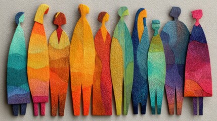 Poster - Colorful silhouettes of diverse figures stand in a row, showcasing a variety of hues and shapes. The artwork displays a lively atmosphere with an emphasis on community and togetherness.