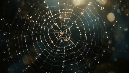 Glowing Spiderweb Adorned with Luminous Dew Drops, Captured in a Cinematic Close-Up Against a Dark Background, Evoking Mystery and Natural Beauty