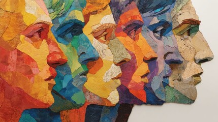 Poster - A vibrant mural features abstract representations of human faces, each displaying unique colors and emotions. This artwork brightens the urban landscape with its artistic flair.