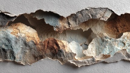 Poster - Torn pieces of textured paper create an abstract composition showing varying shades of brown, blue, and cream, inviting viewers to explore its layered beauty.