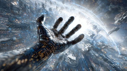 Poster - Digital hand touching tech connection future dot line background